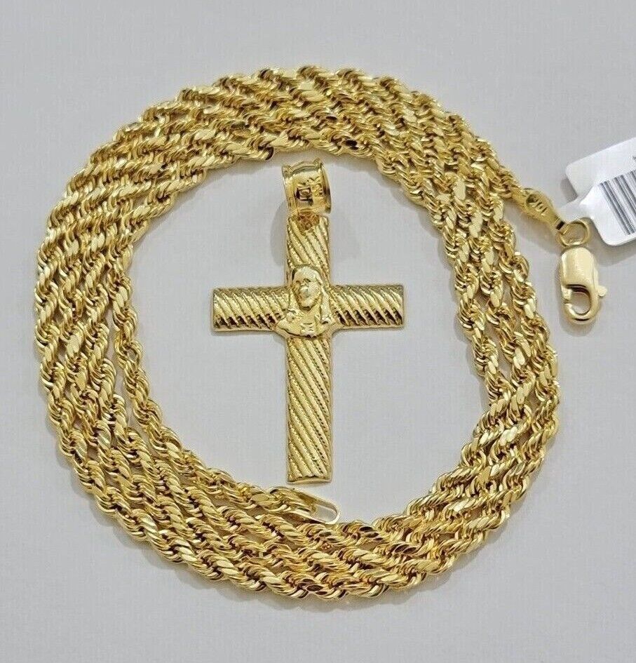 10k Yellow Gold Rope Chain Jesus Cross Charm Pendant Set 18 - 28'' Inches Necklace - GoldenlinQ